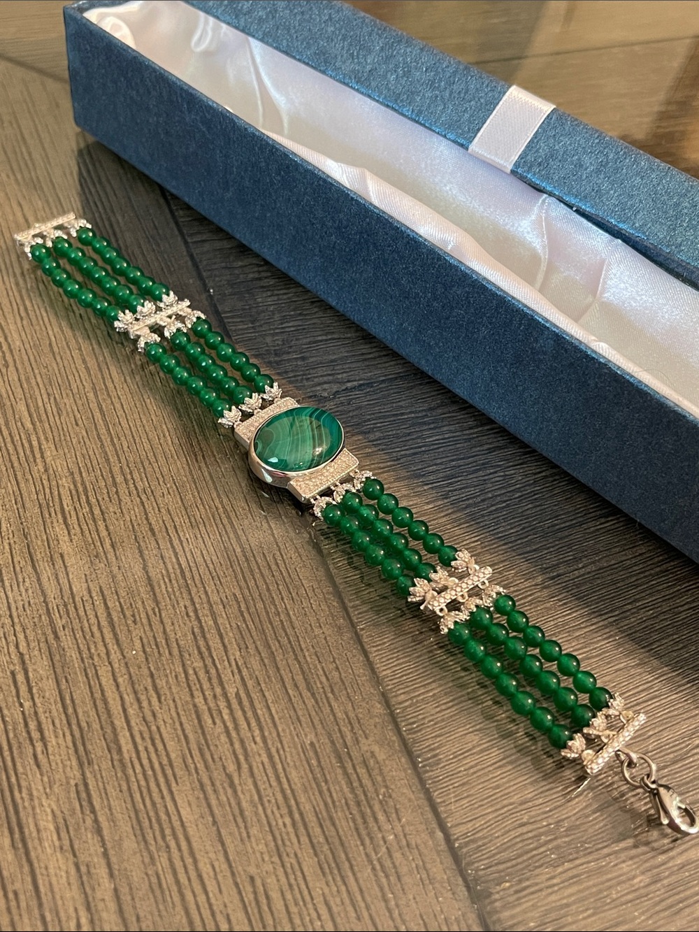 Vintage Style Art Deco Victorian Malachite & Green Beaded Silver Plated Bracelet
